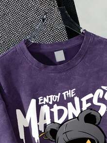 Tenn Boys Round Neck Short Sleeve T-Shirt, Comfortable And Soft Teen Boy Clothing, Printed With Bear And Skateboard Pattern, Suitable For Summer Wear - Purple - View 3