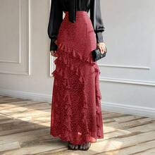 Coquette Polka Dot Ruffle Tiered Maxi Skirt - High Waist Flowy Chiffon Long Skirt For Date Night & Brunch - Rojo - Ver 1