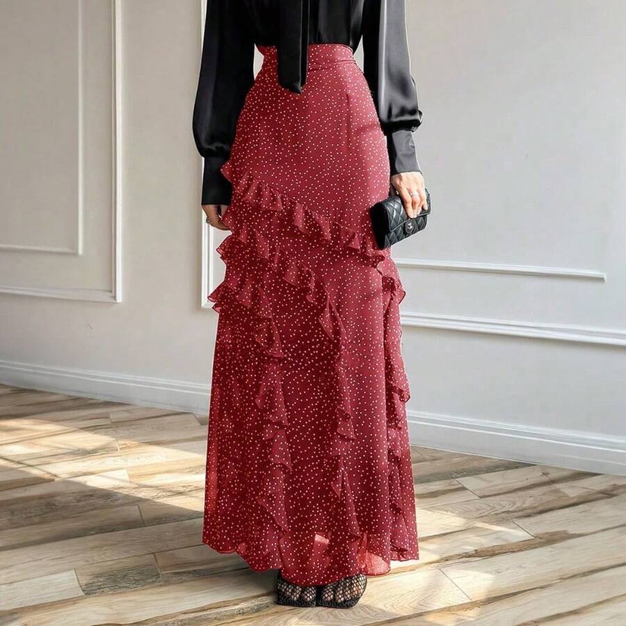 Coquette Polka Dot Ruffle Tiered Maxi Skirt - High Waist Flowy Chiffon Long Skirt For Date Night & Brunch - Rojo - Ver 1