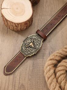 1pc Men's Western Style Large Buckle PU Leather Embossed Belt (Free Hole Puncher Included) - BH1155 - View 8