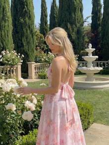 Halter Dress, V-Neck, Printed, Open Back, New - Pink - View 3