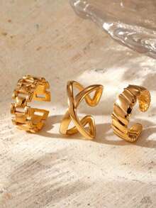 Geometric Criss-Cross Chain Stainless Steel Adjustable Open Ring Set, Suitable For Women's Daily, Commute, Holiday Party, Versatile - Gold - View 4