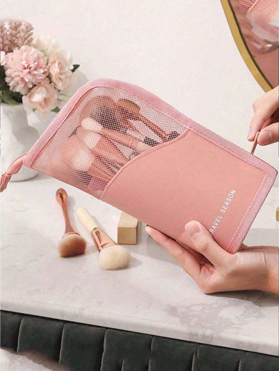 Portable Mesh Makeup Brush Storage Bag, Waterproof Travel Makeup Brush Pouch, Large Capacity Zippered Storage Bag With Handle, Breathable Transparent Brush And Beauty Tool Organizer, Lightweight Daily And Travel Makeup Brush Case