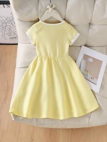 1pc Young Girls Elegant Tweed Short Sleeve Dress, Thin Summer Style - Yellow - View 2