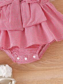 1pc Baby Girl Sweet Cute Camisole Plaid Bow Bubble Skirt Lightweight Summer - Red - View 4