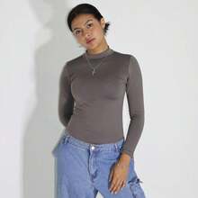 Women's Bodysuit With High Neck And Long Sleeves - Grey - View 3