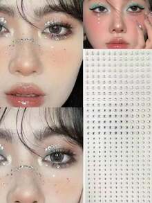 1pc/Set Face Rhinestone Stickers, Glue-Free Multi-Size Round Rhinestones + Heart-Shaped Frame Rhinestone Stickers, High Glossy Texture, Suitable For Face, Eyes, Neck, Nail Art, Stage/Sweet & Cool Makeup, Create A Clear And Atmospheric Look - Multicolor - View 1