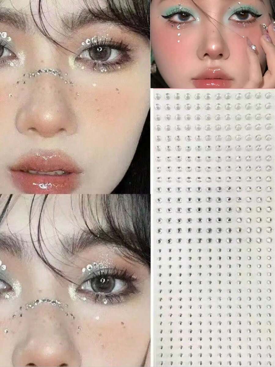 1pc/Set Face Rhinestone Stickers, Glue-Free Multi-Size Round Rhinestones + Heart-Shaped Frame Rhinestone Stickers, High Glossy Texture, Suitable For Face, Eyes, Neck, Nail Art, Stage/Sweet & Cool Makeup, Create A Clear And Atmospheric Look - Multicolor - View 1