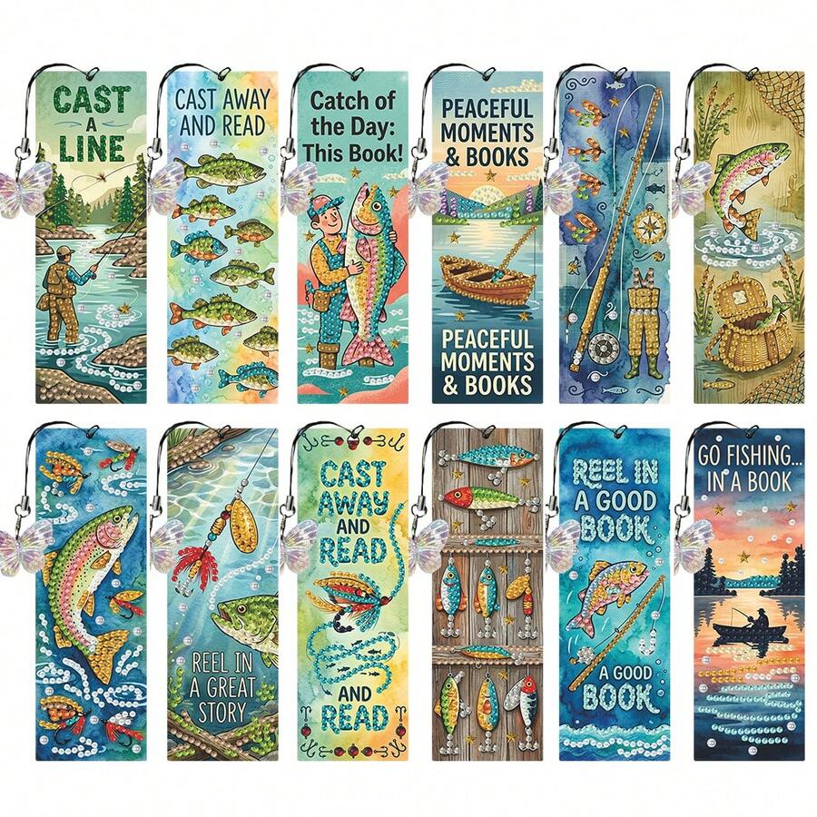 Terlaris - Set Pembatas Buku Lukisan Berlian DIY 12 Buah - Desain Master Memancing, Dekorasi Mosaik Aneka Warna - View 1