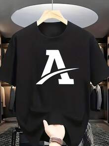 A Short-Sleeved, Crew-Neck T-Shirt With The Letter 'A' Printed In Black On The Front. This Straightforward Lettering Design Exudes A Modern And Unique Style; The Overall Aesthetic Is Minimalist, Yet Still Full Of Aesthetic Sense. - 黑色 - 查看 1