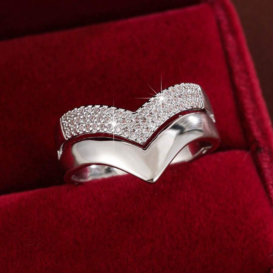 1pc Minimalist V-Shaped Line Design Cubic Zirconia Inlaid Women Fashion Ring, Casual Gift - Multicolor - View 1
