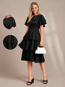 Vestido de mujer de unicolor con cuello redondo, dobladillo con volantes y capas - Negro - Ver 12
