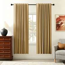 1片及2片多尺寸可選/仿亞麻100%遮光窗簾/臥室遮光窗簾/客廳遮光窗簾/家庭劇院餐廳遮光窗簾/桿套頂部窗簾/背扣窗簾/隔音窗簾片/適用於戶外/黃色窗簾 - 薑黃 - 查看 14