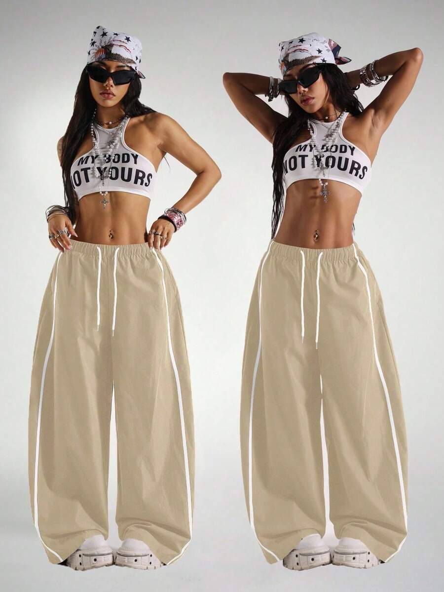 HypeZone Pantalones deportivos casuales de pierna ancha con cintura con cordón - Caqui - Ver 1