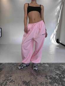 Black Oversized Wide-Leg Sweatpants, Women's High Waist Streetwear Joggers With Letter Print - 粉色 - 查看 1
