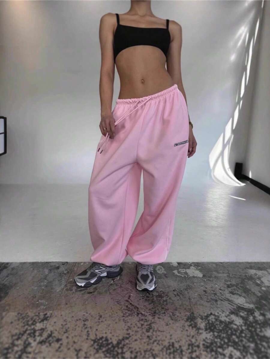 Black Oversized Wide-Leg Sweatpants, Women's High Waist Streetwear Joggers With Letter Print - 粉色 - 查看 1