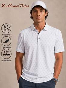 Vancamel Pulse 男士 Polo 衫，輕量冰絲透氣 Polo T恤，商務休閒印花高爾夫 Polo 衫，適用於休閒、通勤與運動 - 白色 - 查看 2