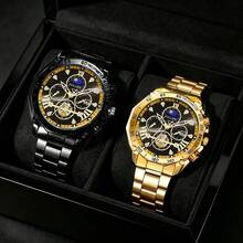 2pcs Fashionable And Versatile Men's Quartz Watch, Round Dial, Alloy Steel Strip, Paired With Crown Bead Bracelet Set, The Best Gift For Men, Suitable For Holiday Gifts And Daily Wear - Multicolor - View 6