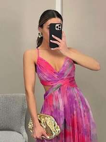 Vestido tirante de tul estampado ligero primavera y verano - Rojo - Ver 2