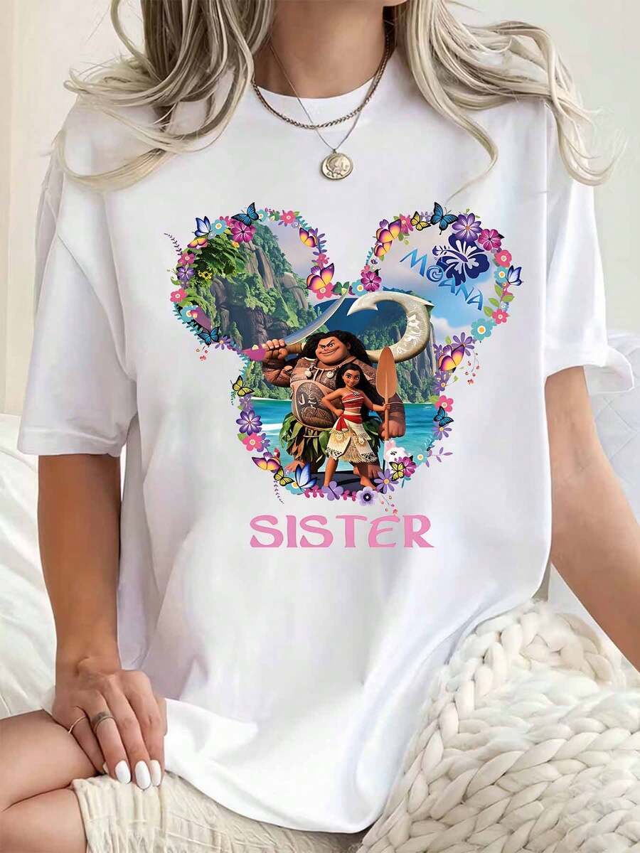 Women Round Neck T Shirt Moana And Maui Heart Floral Design Sister Print Casual Summer Wear For Disney Fans 220g - 白色 - 查看 1