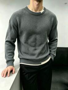 Men's Stylish 2 In 1 Crew Neck Long Sleeve Knit Sweater, Minimalist Versatile Layering Pullover, Spring/Autumn - Grey - View 3
