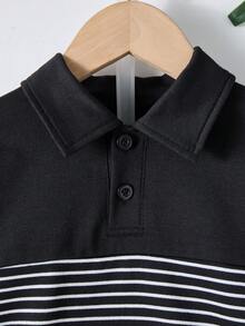 Boys' Colorblock Striped Polo Shirt With Collar, Long Sleeve, Autumn/Winter Style, New Casual Fashion Street Retro Preppy Look, Suitable For Back To School & Graduation, Commuting, Social Gatherings, Daily Wear - Black - View 4