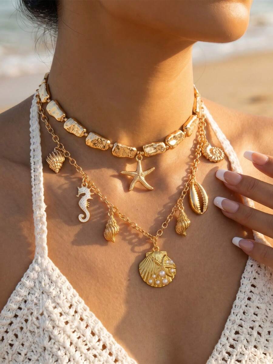 2pcs/Set Vintage Design Asymmetric CCB Beaded Choker Necklace, Fashion Gold Marine Life Multi-Pendant Decorative Necklace, Charming Women's Neck Jewelry, Suitable For Daily Wear, Vacation, Party And Gathering - Gold - View 1