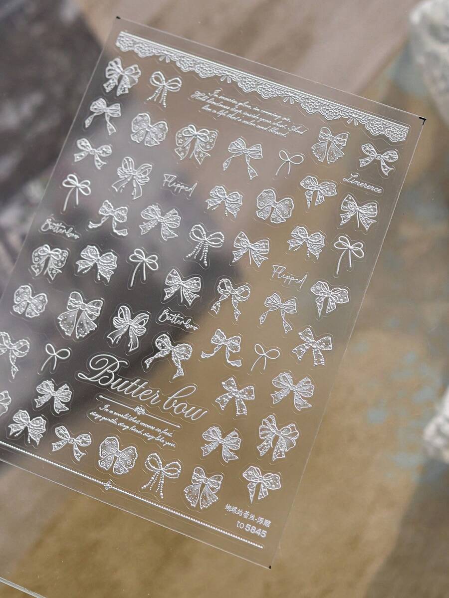 1張半透明壓花白色蕾絲美甲貼紙,芭蕾風蝴蝶結美甲貼花,透明美甲藝術 - 白色 - 查看 1