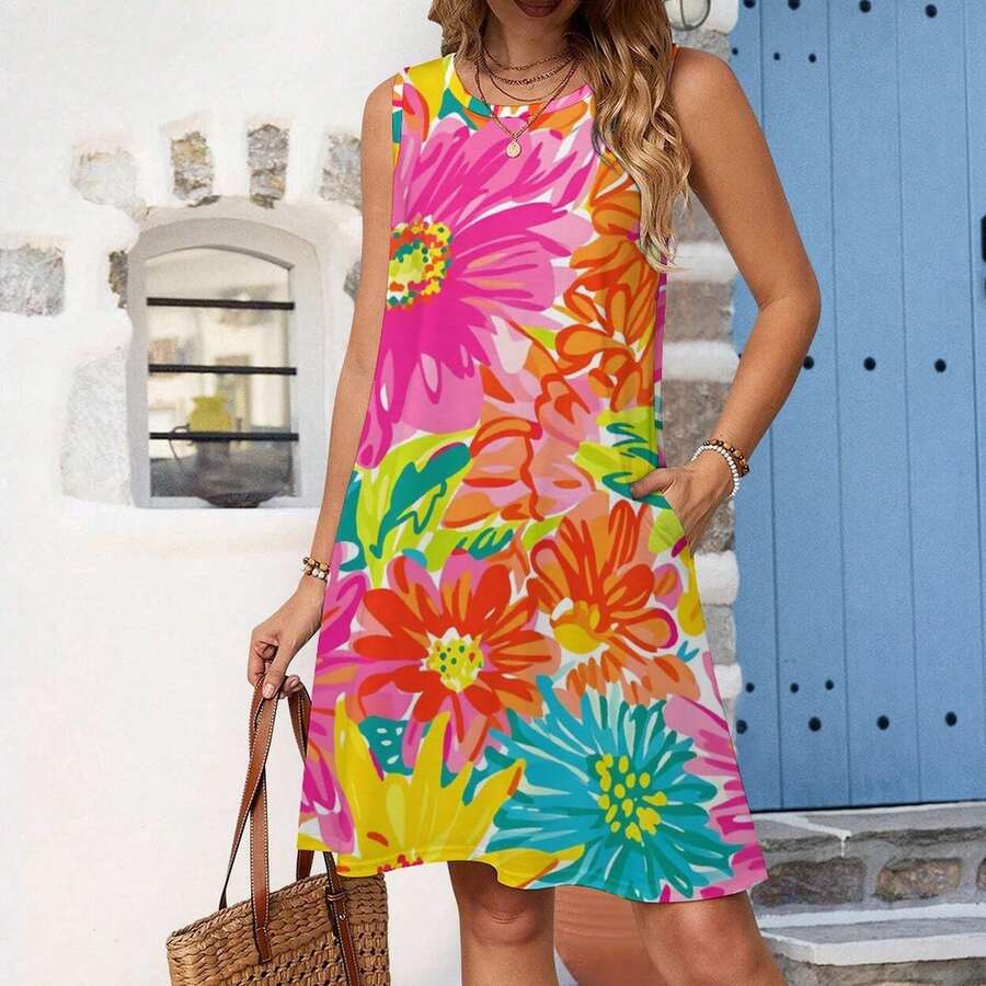 Women's Dress Summer Dresses For Women With Brightly Colored Flowers Print Sleeveless Large Print Dress Plus Size Loose Casual Flowy Beach Dress - 白色 - 查看 1