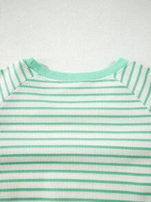 Acelitt Kaos Rajut Wanita Motif Garis Hijau & Putih, Lengan Pendek, Kerah Bulat Bergaris, Atasan Kasual - MultiWarna - View 8