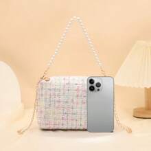 優雅粗花呢小方包配精緻珍珠鏈，溫柔優雅通勤女款斜背手提包 - 彩色 - 查看 7