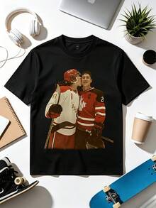 Heated-Rivalry Romance Hockey Couple's T-Shirt. Soft Fabric, Loose-Fitting, Everyday Casual T-Shirt. - Black - View 1