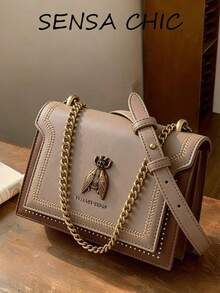 New Fashionable Retro Bee Decor Pattern Shoulder Bag, Square Shape With Metal Chain Strap, Solid Color PU Waterproof Material Letter Embossed Women Wallet, Suitable For Travel, Shopping, Mother's Day Gift - Khaki - View 1