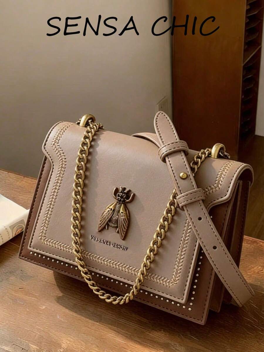 New Fashionable Retro Bee Decor Pattern Shoulder Bag, Square Shape With Metal Chain Strap, Solid Color PU Waterproof Material Letter Embossed Women Wallet, Suitable For Travel, Shopping, Mother's Day Gift - Khaki - View 1