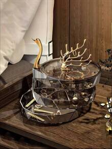Transparent Acrylic Hair Accessory Storage Box & Swan Jewelry Storage Rack, Multi-Layer Hair Tie & Headband Storage Rack, 3-Tier Drawer Gold Jewelry Tree Rack For Necklaces, Earrings, Rings, Smoke Gray Desktop Vanity Storage Box, Suitable For Women & Girls, Bedroom Bathroom Vanity Elegant Home Decor - Multicolor - View 8