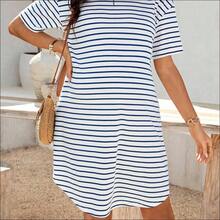 WNS  Vestido casual de rayas de cuello redondo de manga corta para embarazadas, ropa de maternidad, vestido de maternidad, ropa para embarazadas, vestido azul de vacaciones, atuendos de vacaciones para mujer, vestido blanco de maternidad, vestido de maternidad transpirable y cómodo de rayas suelto - Azul y blanco - Ver 8