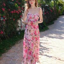 jianchaimaoyi02 Vestido largo de tirantes con estampado floral elegante para mujer, ideal para vacaciones de verano - Morado - Ver 5