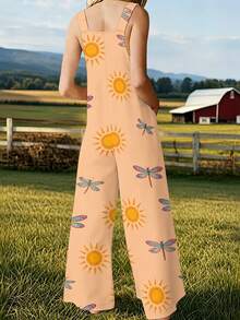 Sun And Dragonfly Print Women's Adjustable Strap Jumpsuit, Polyester Fiber Fabric, Lightweight And Breathable, Women's Clothing, Regular Women's Clothing, Women's Jumpsuits And Rompers, Women's Jumpsuit, Women's Plus Size Jumpsuit - 彩色 - 查看 2