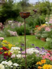 Vintage Distressed Rusty Bird Waterer Garden Decor Ground Stake, Metal Bird Feeding Bowl For Yard Gardening, Exquisite Design, Natural Finish, Perfect For Hummingbirds, Birds And Insects, Garden Water Feature, Yard Decoration, Elegant Bird Bath, Spring And Summer Garden Decor - A - View 5