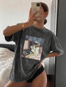 美式復古印花短袖T恤 - 街頭風黑色 - 黑色 - 查看 6