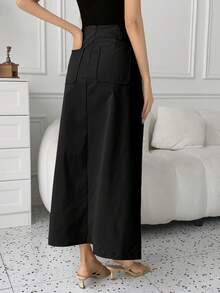 Women's Elegant High Waist A-Line Slit Maxi Skirt, Casual Solid Color, Versatile Fashion, Autumn/Winter - Black - View 4