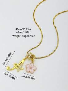 1pc Kids Gold-Plated Zirconia Artistic Letter & Pink Five-Petal Flower Multi-Pendant Necklace, Personalized Exquisite Jewelry, Ideal Gift For Family, Friends, Girlfriend, Children, Girls, Classmates, Daughter, Sisters, Street, Party, Beach, Vacation, Anniversary, Date, School, Birthday, Holiday And Souvenir - Gold - View 4