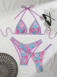 Spring/Summer New Purple Shell Halter Neck Bikini, Casual Sexy Elegant Lace-Up Beach Vacation Date Party Swimsuit - Multicolor - View 2