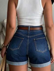 Washed Denim High Waist Fitted Cuffed Shorts, Summer Casual - Blue - View 5