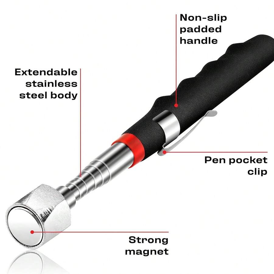Outil de ramassage magnétique robuste 16LB avec tige télescopique, convient pour la réparation automobile et domestique, les zones difficiles d'accès, avec une poignée noire élégante et un clip de stylo - Diamant de 16 lb - Voir 1