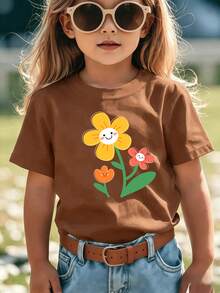 Top de manga corta sencillo, informal y bonito con estampado para niños, ideal para el verano. - Marrón - Ver 1