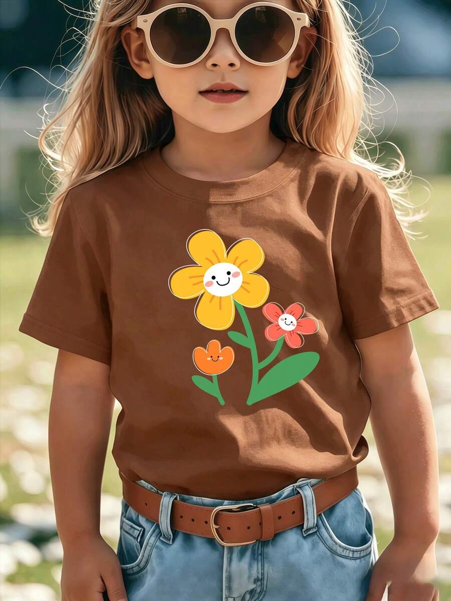 Top de manga corta sencillo, informal y bonito con estampado para niños, ideal para el verano. - Marrón - Ver 1