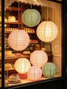 6pcs 12 Inch Paper Lanterns, Colorful Plaid Round Hanging Paper Lanterns, Suitable For Bachelorette Party, Birthday Party, Outdoor Activities, Camping, Wedding, Home Decor. - Multicolor - View 3