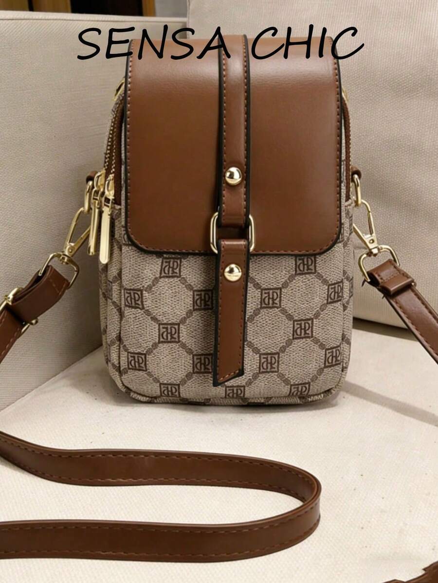 Fashionable Multi-Functional Mini Crossbody Bag, Multi-Pocket Design With Earphone Hole, Phone Pocket, Rivet Decor, Adjustable Strap, Brown Double R Rhombus Print Fabric, Women's Phone Wallet, Shoulder Crossbody Bag - Brown - View 1