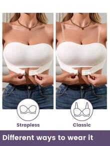 Women Invisible Strapless Push Up Bra Front Closure Convertible Bandeau W/ Clear Straps - White - View 7